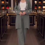 Grey Embellished Front Open Shirt with White Trouser – Women’s Co-Ord Set