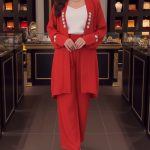 Red Embellished Front Open Shirt with White Trouser – Women’s Co-Ord Set